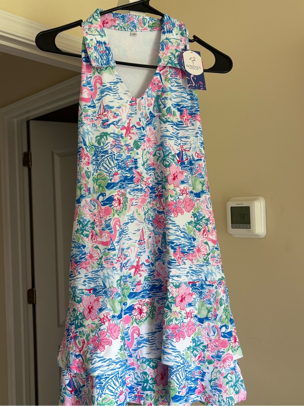 Sleeveless V-Neck Tropical Print Dress with Flamingos